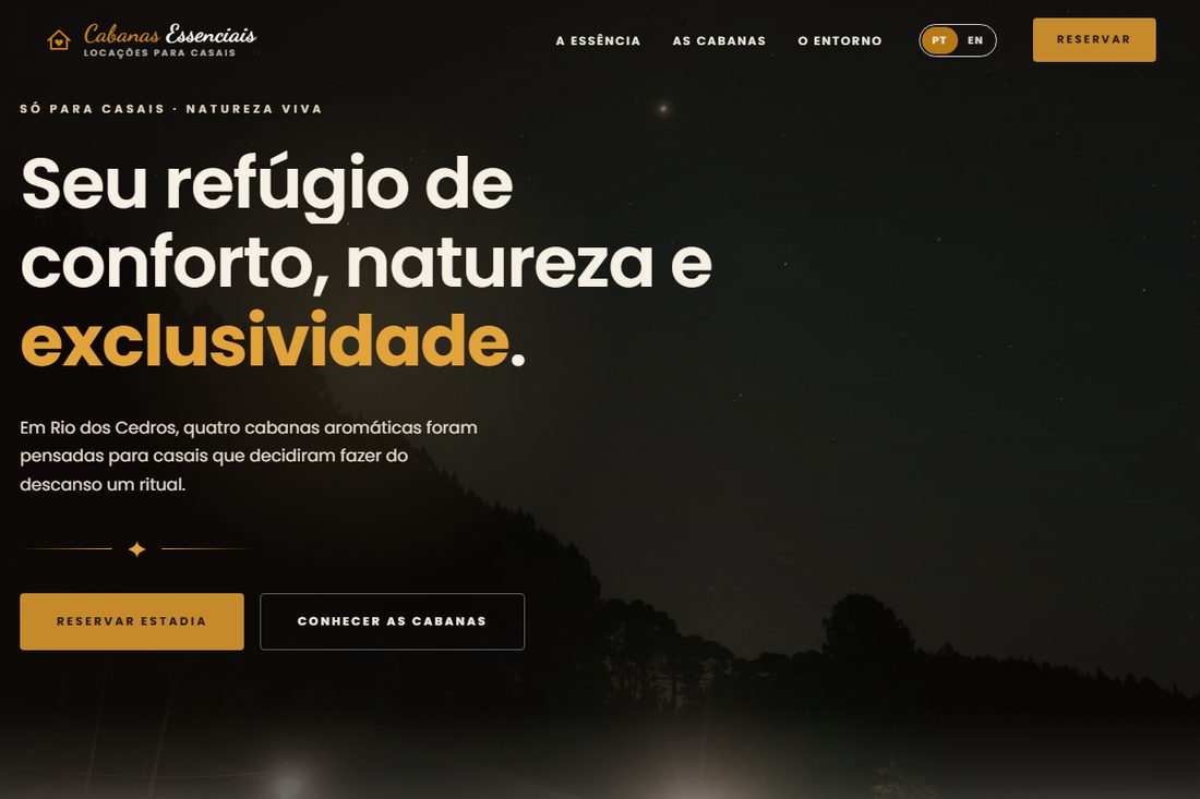P&aacute;gina inicial do site Cabanas Essenciais